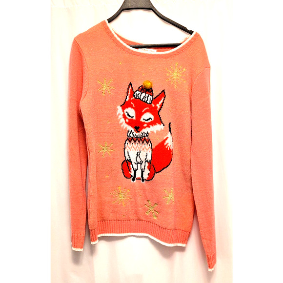 Holiday Hype L pink fox in argyle sparkle thread holiday sweater super cute! - Picture 1 of 6